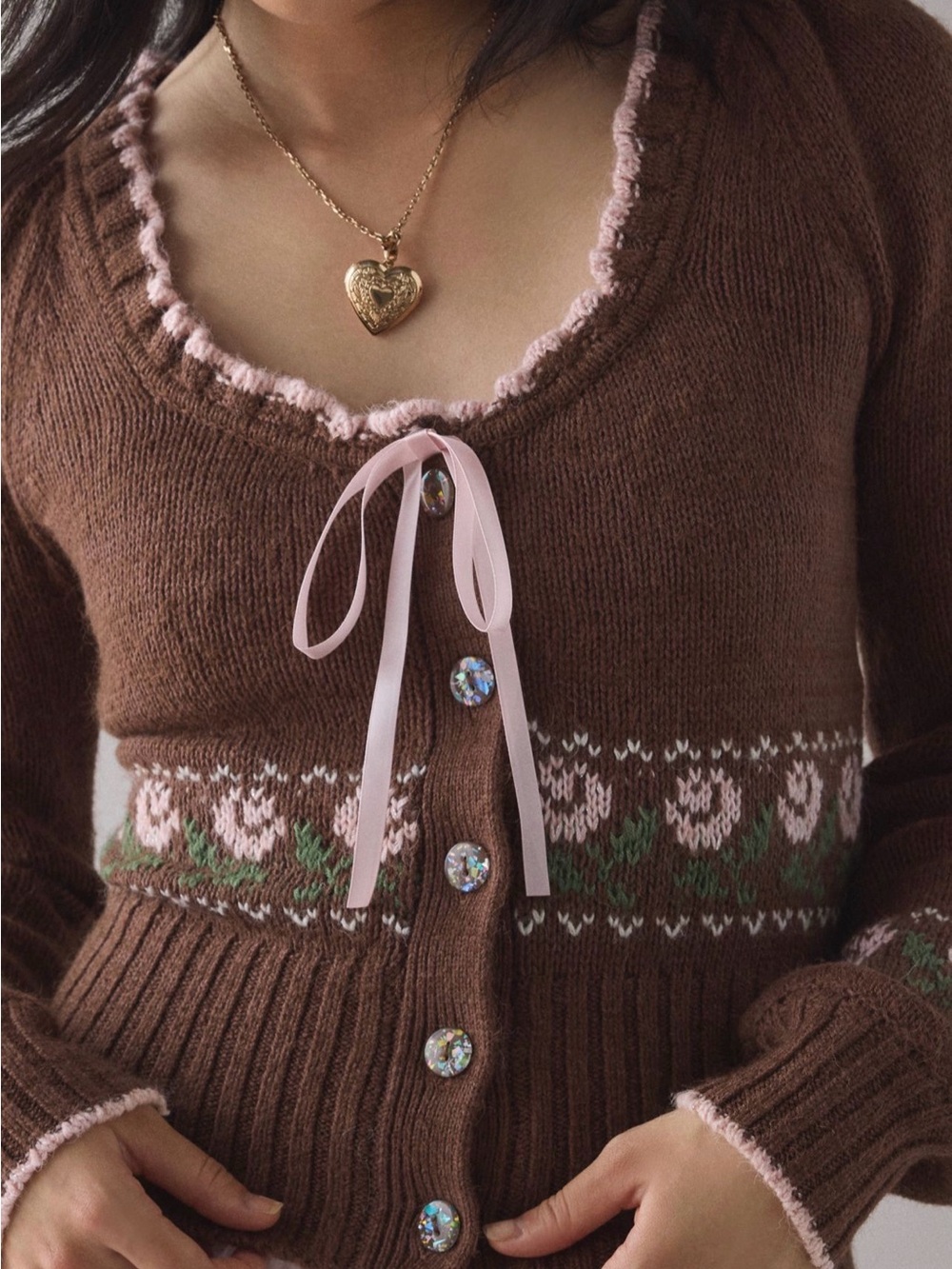 Urban Outfitters Kimchi Blue Brown Knit Cardigan with Pink & Green Floral Trim